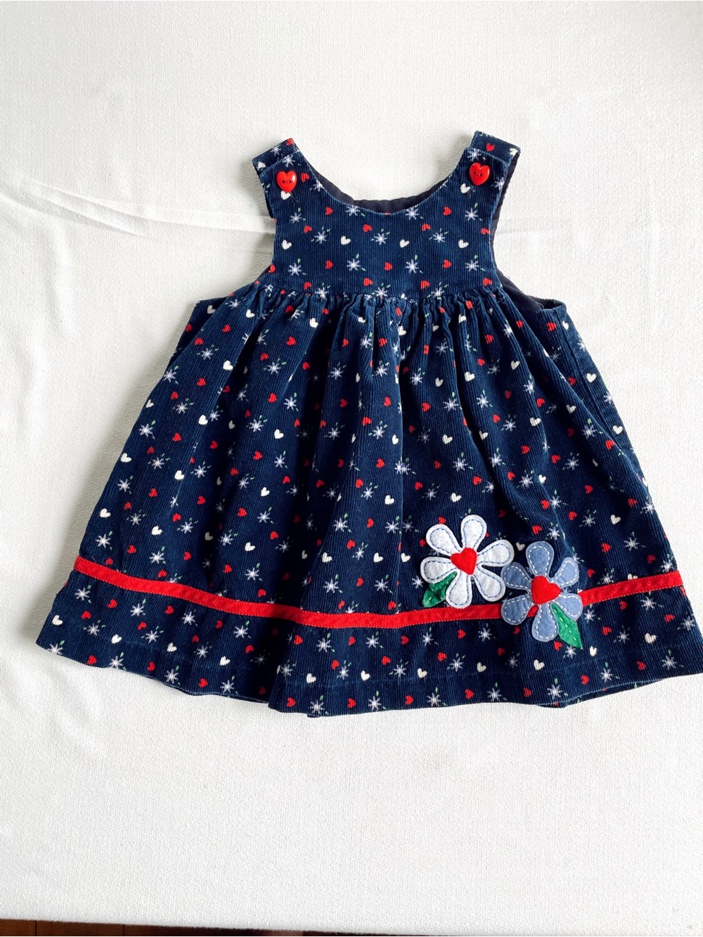 VINTAGE Y2K 90s Dress Jumper Romper Skirt Navy Cotton Corduroy Floral Appliqué